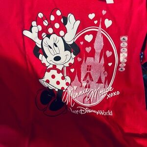 NWT Disney Parks Minnie Mouse Red and Pink Glitter Graphic Kids Tee Youth XL